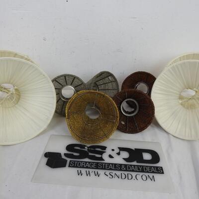 Lamp shades:7 cloth 8 1/2 in, 5 silver, brown & gold beaded:5 in, good condition