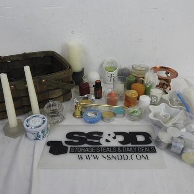Candle lot: with woven basket: doTERRA, flame snuffer, votives, candle holders