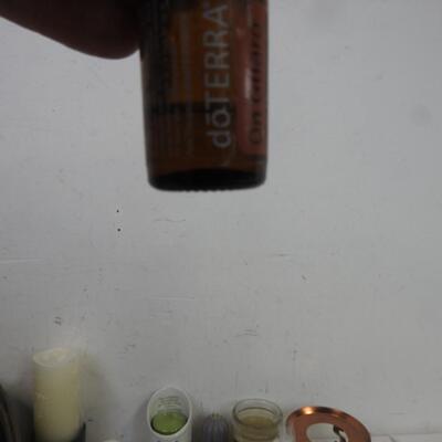 Candle lot: with woven basket: doTERRA, flame snuffer, votives, candle holders