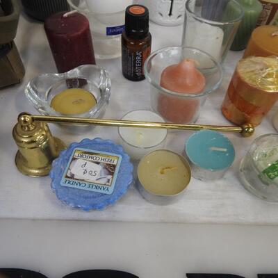 Candle lot: with woven basket: doTERRA, flame snuffer, votives, candle holders
