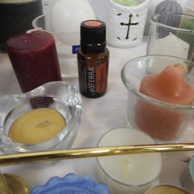 Candle lot: with woven basket: doTERRA, flame snuffer, votives, candle holders