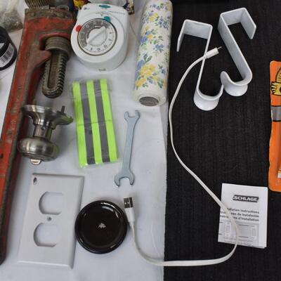 Home Improvement Lot: Gloves, Monkey Wrench, Lightbulb