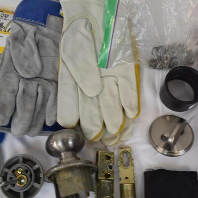 Home Improvement Lot: Gloves, Monkey Wrench, Lightbulb