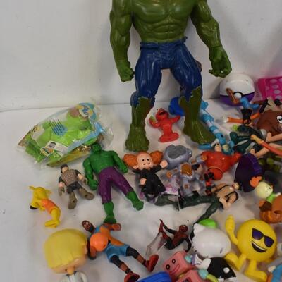 Lot of Toys: Assorted Action Figures, Purple Lap Desk, Marvel