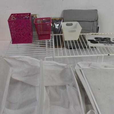 2 Picture Frames, 3 White Shelves, Cloth Hanging Organizer Bins, Small Buckets