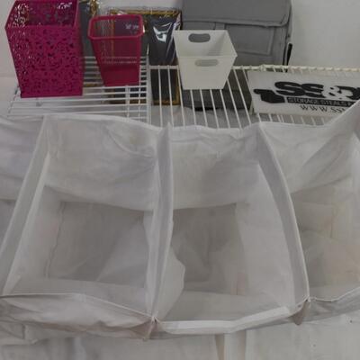 2 Picture Frames, 3 White Shelves, Cloth Hanging Organizer Bins, Small Buckets