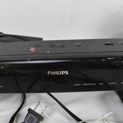 Apple Earbuds, 2 Sony DVD Players, Memorex Radio/CD Player, Philips Sound Bar