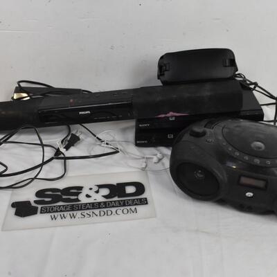 Apple Earbuds, 2 Sony DVD Players, Memorex Radio/CD Player, Philips Sound Bar