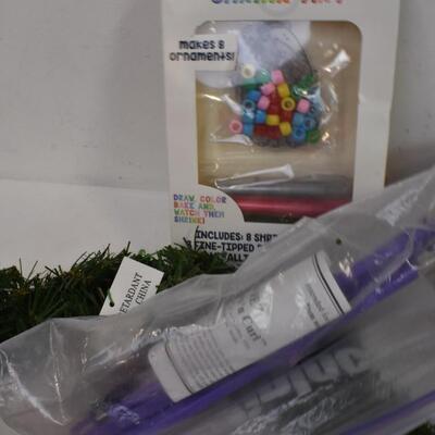 Crafts Lot: Yellow & Green Wreaths, Frame, Shrink Art Kit, Coloring Book Page