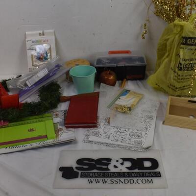 Crafts Lot: Yellow & Green Wreaths, Frame, Shrink Art Kit, Coloring Book Page