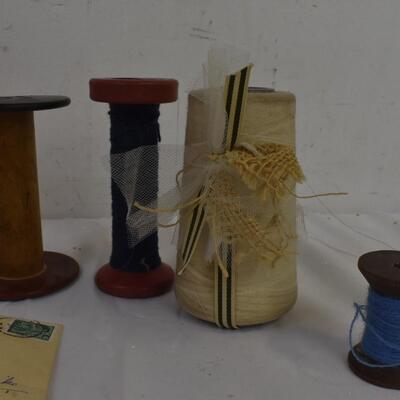 Vintage Lot: Canadian Stamps, 4 Spools of Thread, Heber Valley Milk Glass Jar