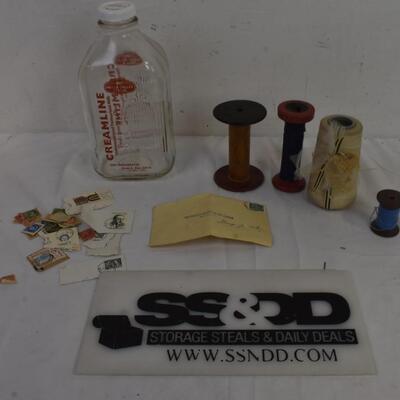 Vintage Lot: Canadian Stamps, 4 Spools of Thread, Heber Valley Milk Glass Jar