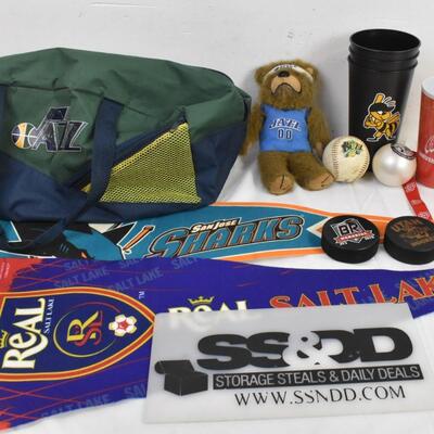 Jazz Duffel Bag, Jazz Bear Stuffed Animal, Bees and Utah Cups, Real SLC Flag