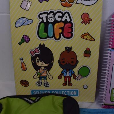Kids lot: reusable sticker books, frogs, Multiplication Battleship, lunch cooler