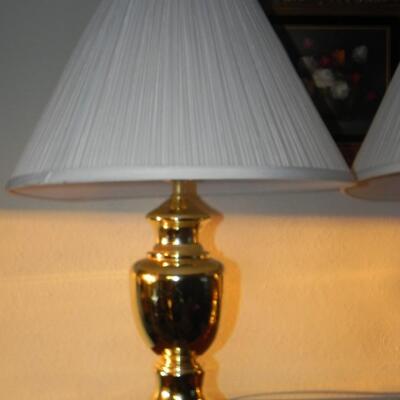 LOT  TWO GOLD TONE LAMPS WITH SHADES