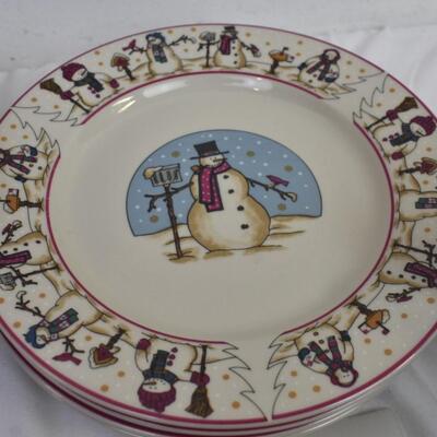 Snowman Serenade Dinnerware Set of 12: Soup Bowls, Salad Plates, Unique Mugs