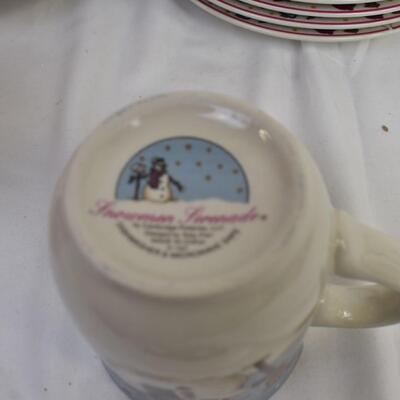 Snowman Serenade Dinnerware Set of 12: Soup Bowls, Salad Plates, Unique Mugs