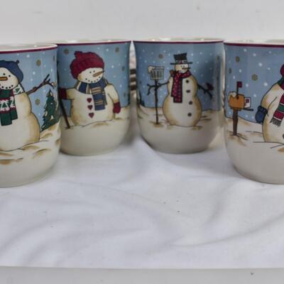 Snowman Serenade Dinnerware Set of 12: Soup Bowls, Salad Plates, Unique Mugs