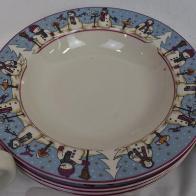 Snowman Serenade Dinnerware Set of 12: Soup Bowls, Salad Plates, Unique Mugs