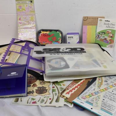 Scrapbooking Lot: Paper, Stencils, Die Cuts, Scissors, Stickers, ZOTS adhesive