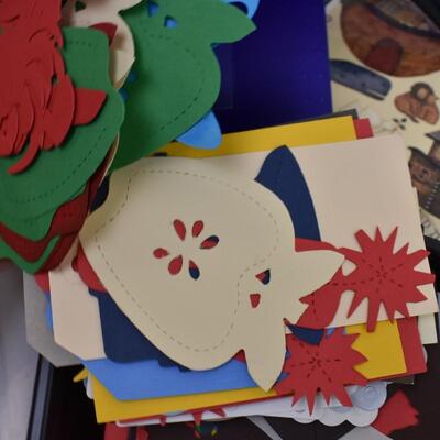 Scrapbooking Lot: Paper, Stencils, Die Cuts, Scissors, Stickers, ZOTS adhesive