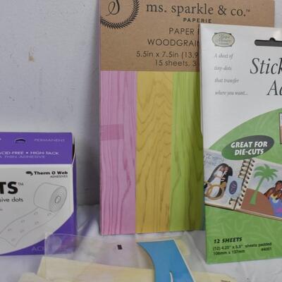 Scrapbooking Lot: Paper, Stencils, Die Cuts, Scissors, Stickers, ZOTS adhesive