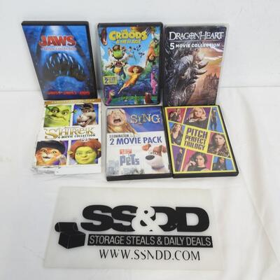 DVDs: The Croods, DragonHeart, Jaws 2,3,The Revenge, Pitch Perfect, Shrek, Sing