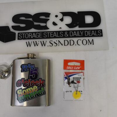 7 oz Stainless Steel Flask "5:00 Somewhere"  and 10 Bobber Stops - New