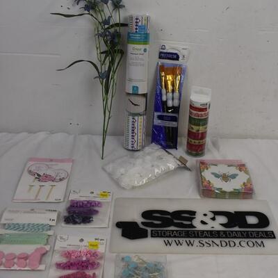 11 pc Craft Lot: Paint brushes, coasters, beads, trims, petals - New