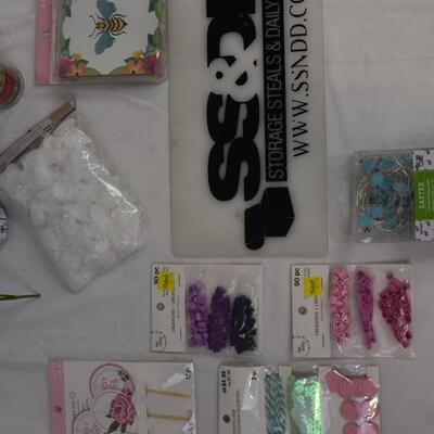 11 pc Craft Lot: Paint brushes, coasters, beads, trims, petals - New