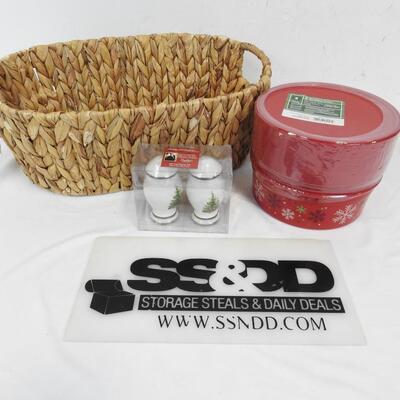 6 pc Holiday & Home Decor: Basket, Christmas Treat Containers, S&P Shakers - New