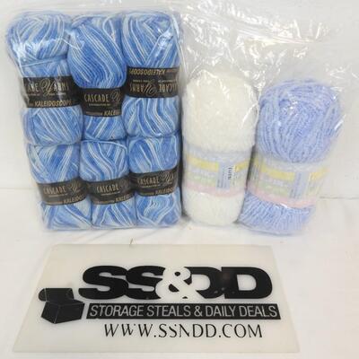 8 Skeins Yarn: 6 Cascade Kaleidoscope Blue. Baby Bee White & Baby Blue - New
