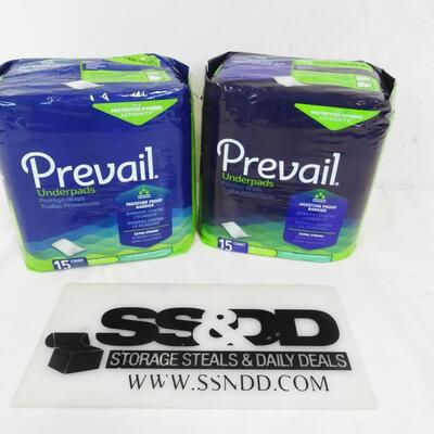 Prevail Underpads, 2 Packages of 15 Large 23" x 36" For Beds or Chairs - New