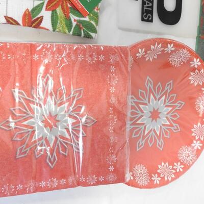 9 pc Christmas Decor: Kitchen Towels, Plates, Napkins. Stationery, Candles - New