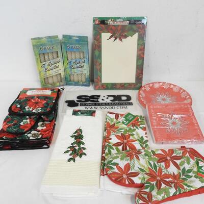 9 pc Christmas Decor: Kitchen Towels, Plates, Napkins. Stationery, Candles - New