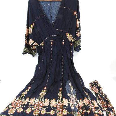 Women's Navy Blue Dress with Belt. Embroidery Print 5XL, Waist 32"-52" - New