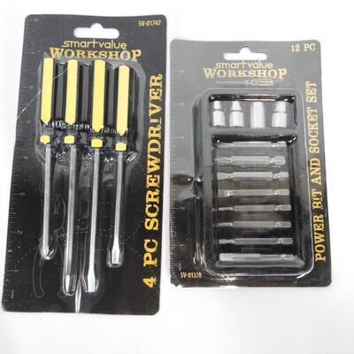 Smart Value Workshop Tools: Screwdrivers, Socket Set, Pliers, Tape, Hammer - New