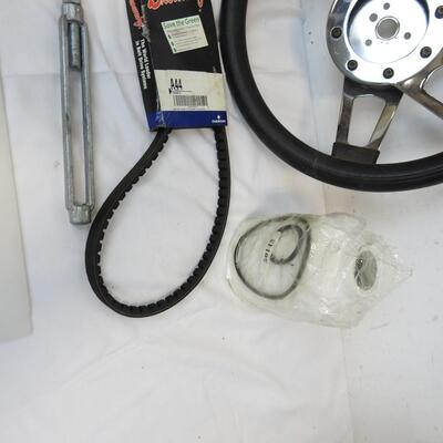 13 pc Car Accessory & Wash Items: Steering Wheel, Drive Belt, Wash & Wax Soap