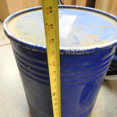 5 Gallon (?) Metal Drum: 13.5" Round, 17" High, Fair Condition, Blue with Rust