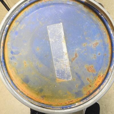 5 Gallon (?) Metal Drum: 13.5" Round, 17" High, Fair Condition, Blue with Rust