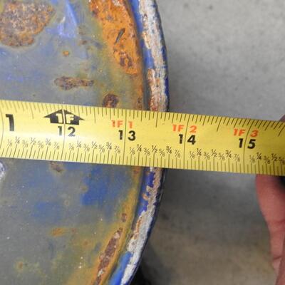 5 Gallon (?) Metal Drum: 13.5" Round, 17" High, Fair Condition, Blue with Rust