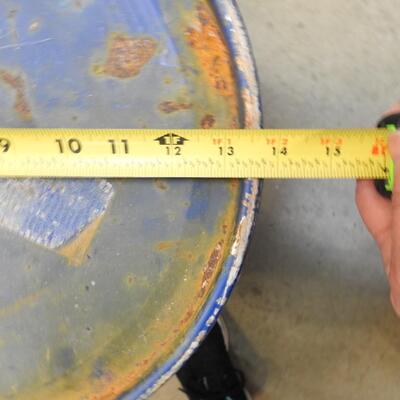 5 Gallon (?) Metal Drum: 13.5" Round, 17" High, Fair Condition, Blue with Rust