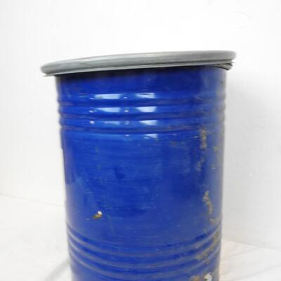 5 Gallon (?) Metal Drum: 13.5" Round, 17" High, Fair Condition, Blue with Rust