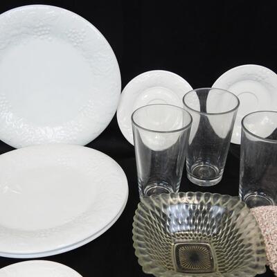 18 pc Kitchen Lot: 3 Dinner & 6 Cup Plates, 3 Cups, 3 Glasses, Candy Dish, etc