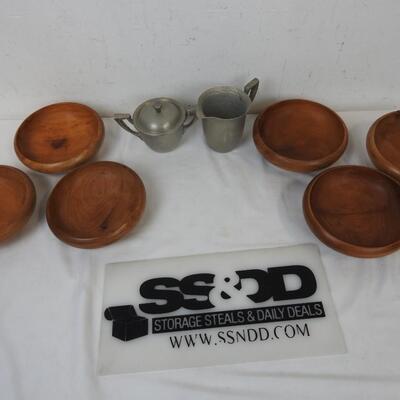6 Wooden Bowls, 2 Pieces of Hammered Aluminum