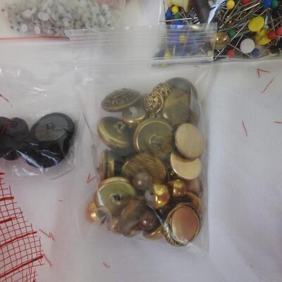 18+ Craft Lot: Red Mesh, Buttons, Seashells, Stamps, Pins