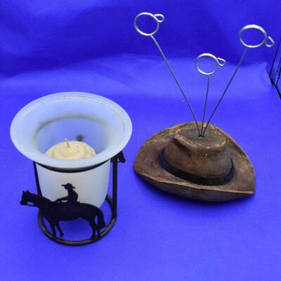 Cowboy hat photo holder & cowboy on horse candle holder