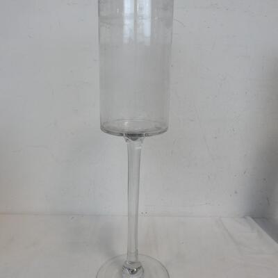 Very Tall Glass Vases: Clear: 24in, Purple: 21 3/4in, Clear w/Bow: 17 3/4in
