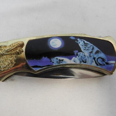 Stainless Steel Gold-Toned Pocketknife w/ Native American & Wolves On Handle
