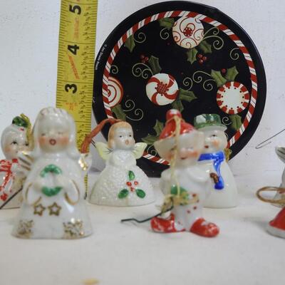 9 Vintage Miniature Christmas Figurines/Bells w/ Tin, Snowman, Elf, Angels, etc